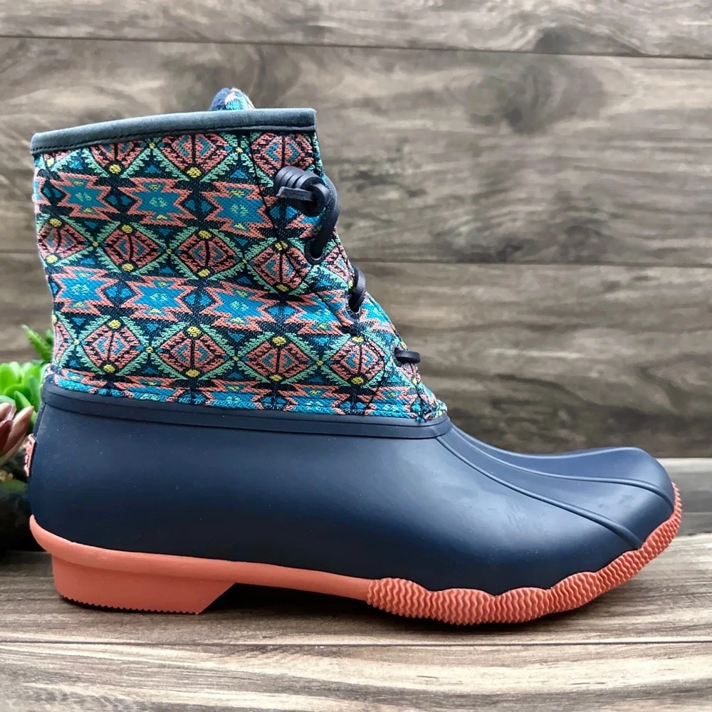 NIB Sperry Saltwater Serape Textile Geometric Navy Waterproof Duck Rain Boots - Picture 7 of 13